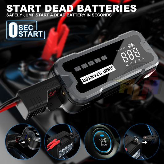 Portable Car Jump Starter With Power Bank, Tire Inflator, Emergency Light, and Waterproof Design